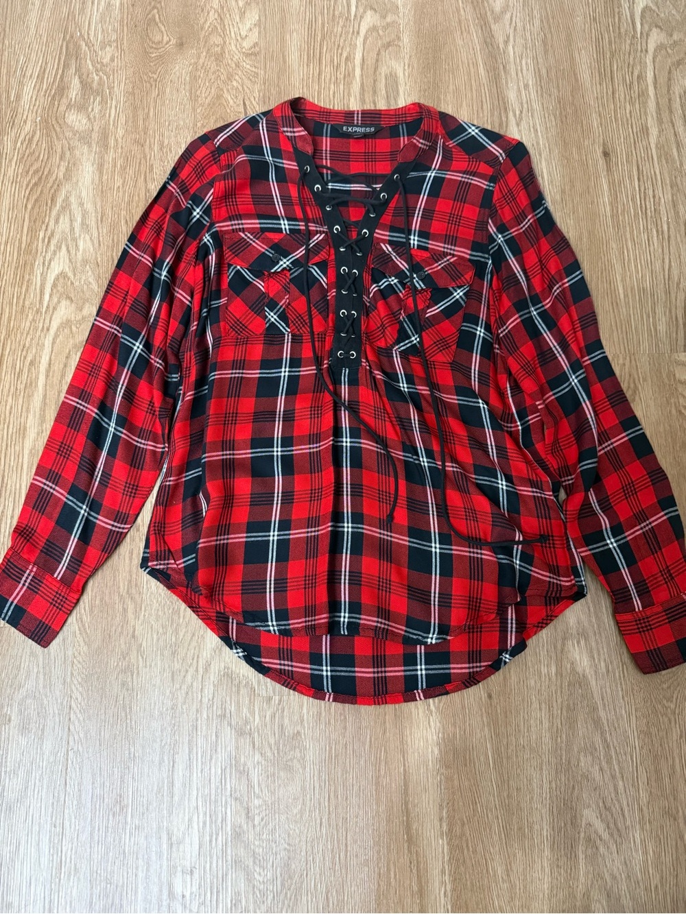 Express Red and Black Plaid Lace-Up Button Down Shirt